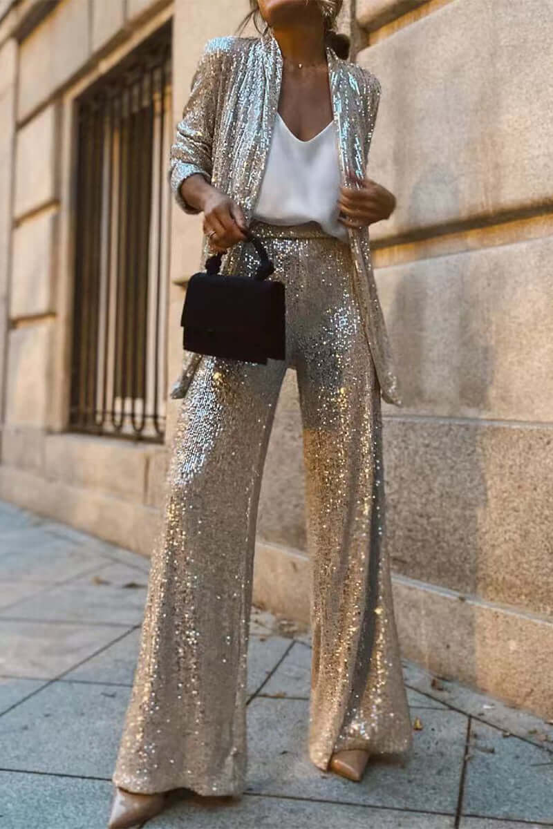 Ensemble de Costume et Pantalon à Manches Longues en Sequins - Femme