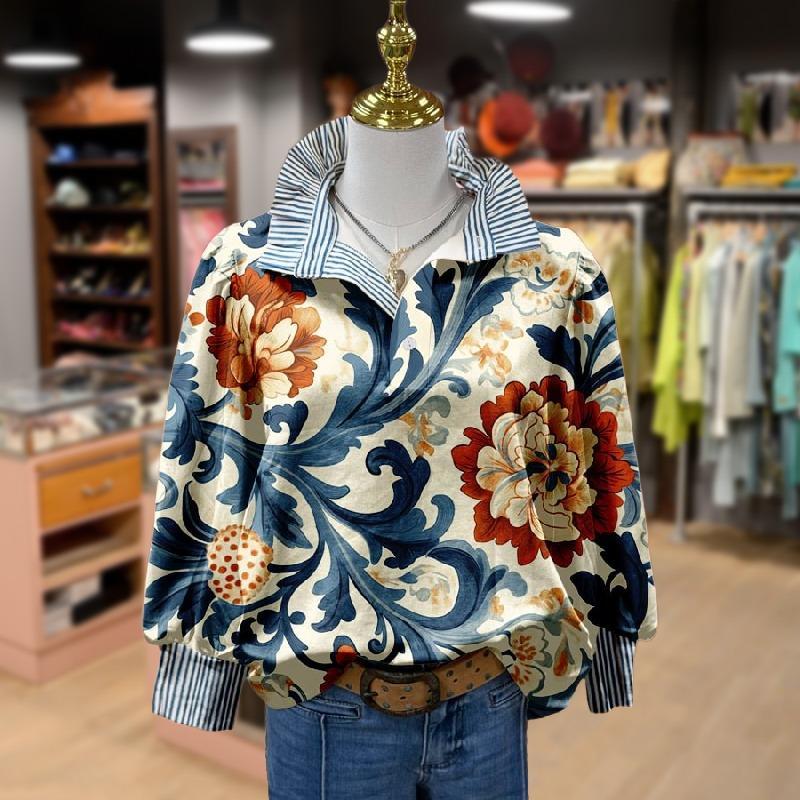 Blouse Satin Florale Baroque – Imprimé Audacieux avec Détails de Volants Rayés