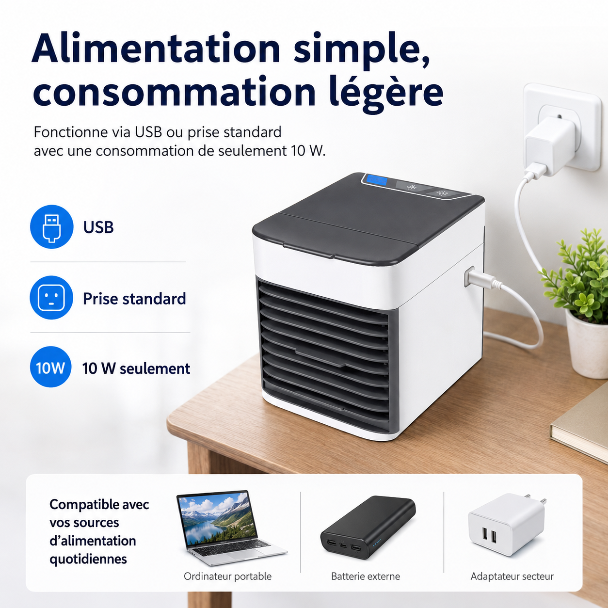 Refroidisseur d'air 3-en-1 avec ventilateur, humidificateur et purificateur d'air – Portable, silencieux et avec lampe de nuit LED