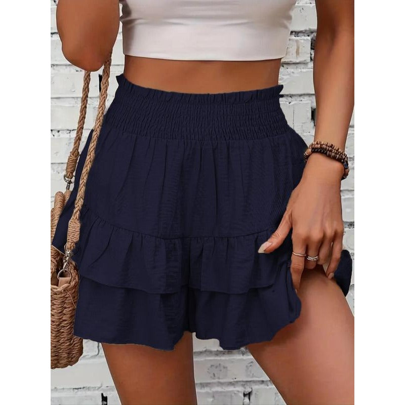 Shorts à volants smockés taille haute – Bas de lounge léger à double couche