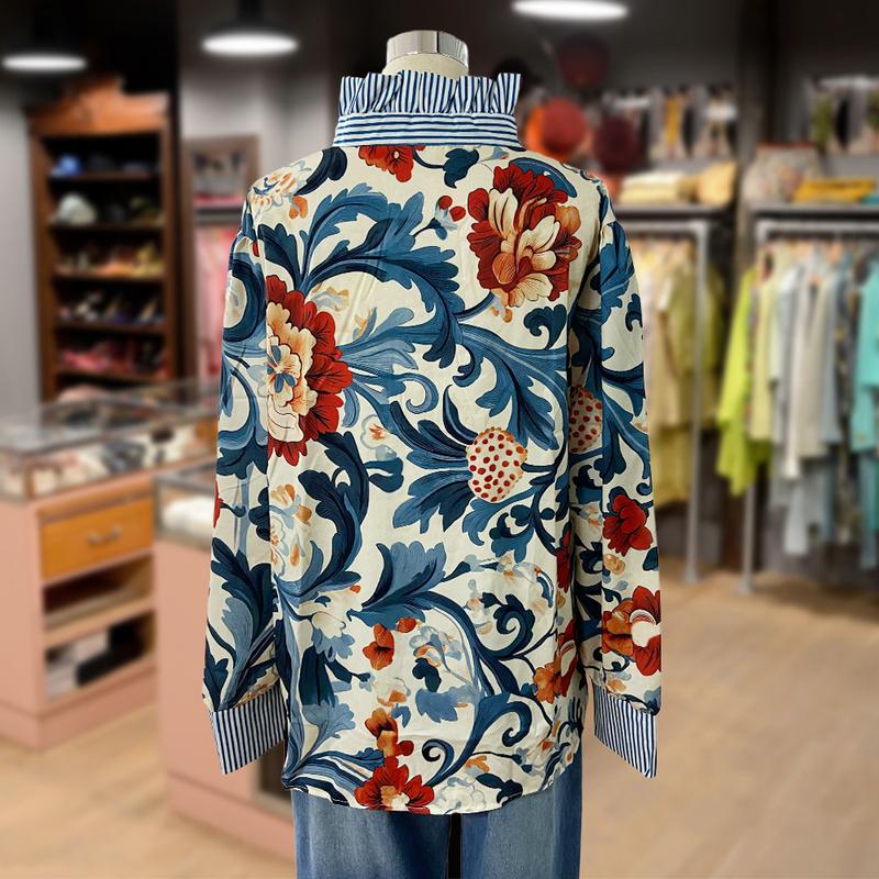 Blouse Satin Florale Baroque – Imprimé Audacieux avec Détails de Volants Rayés