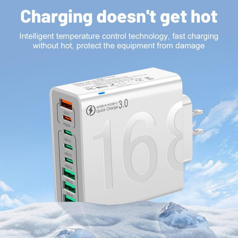 Chargeur rapide USB GaN 168W Hub d'alimentation 8 ports pour USB-C&A