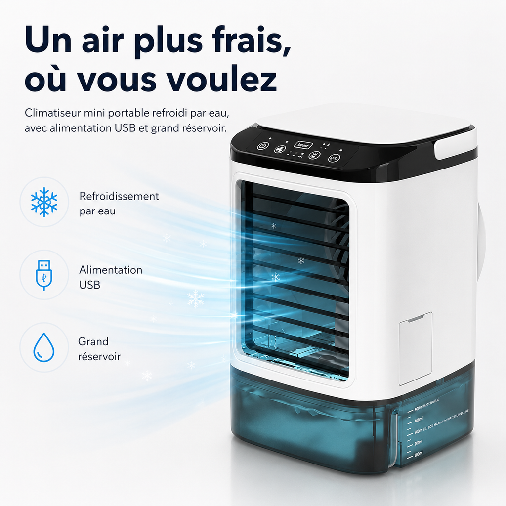 Climatiseur Mini Portable Refroidi par Eau – Alimentation USB avec Grand Réservoir