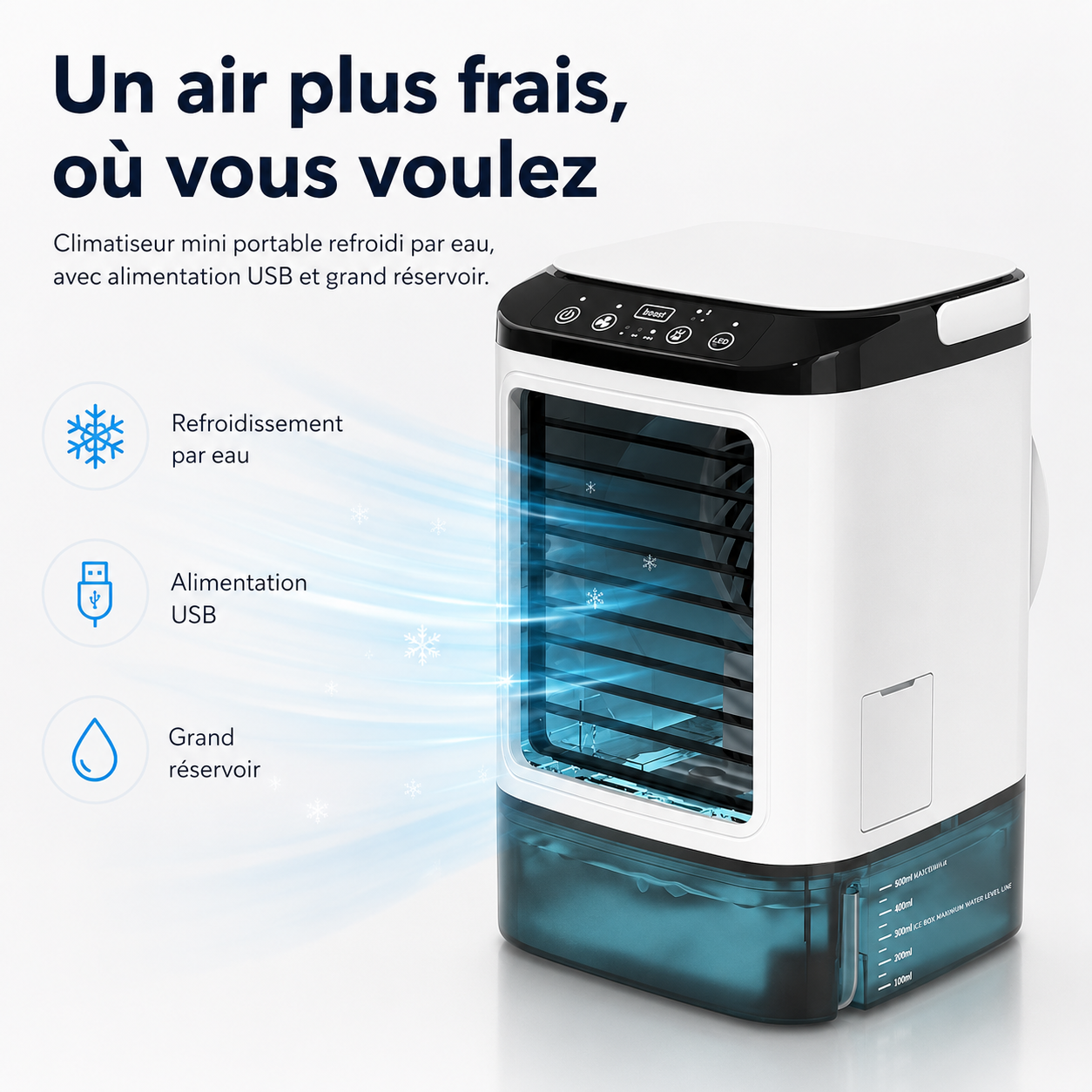 Climatiseur Mini Portable Refroidi par Eau – Alimentation USB avec Grand Réservoir