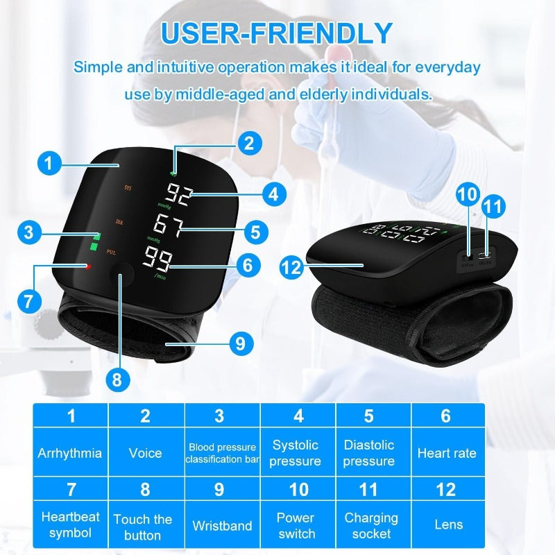 Moniteur de pression artérielle au poignet rechargeable USB-C