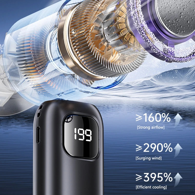 FrostTurbo Ventilateur à main avec fonction de refroidissement par glace | 199 niveaux réglables | Affichage numérique LED | Portable pour usage à la main et sur table | Batterie rechargeable USB | Idéal pour les voyages et à la maison