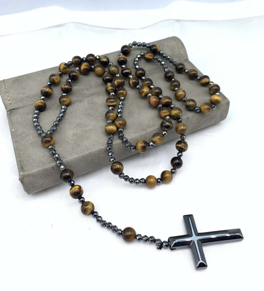 Collier en rosaires croix en œil de tigre et lapis-lazuli pour hommes – Orion