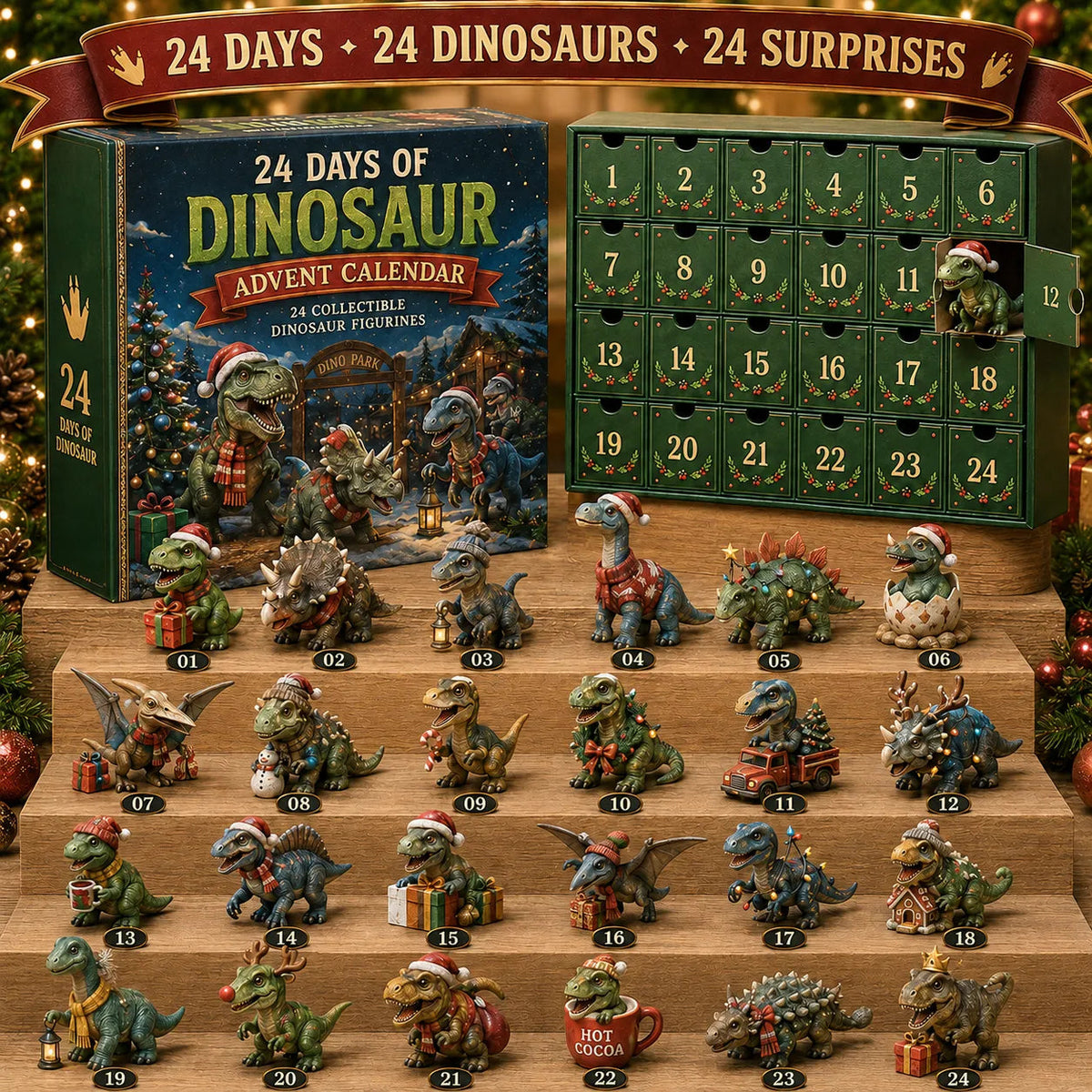 Calendrier de l'Avent de Noël des Dinosaures en 24 Jours – 24 Figurines de Dinosaures Collectionnables & Surprises de Fête