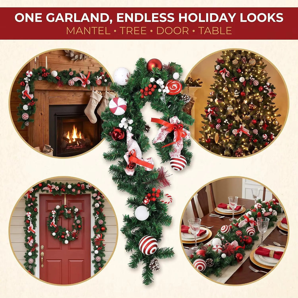 Guirlande de Noël Couvertes de Neige avec Cônes de Pin et Baies Rouges – Décoration de Noël Flexible