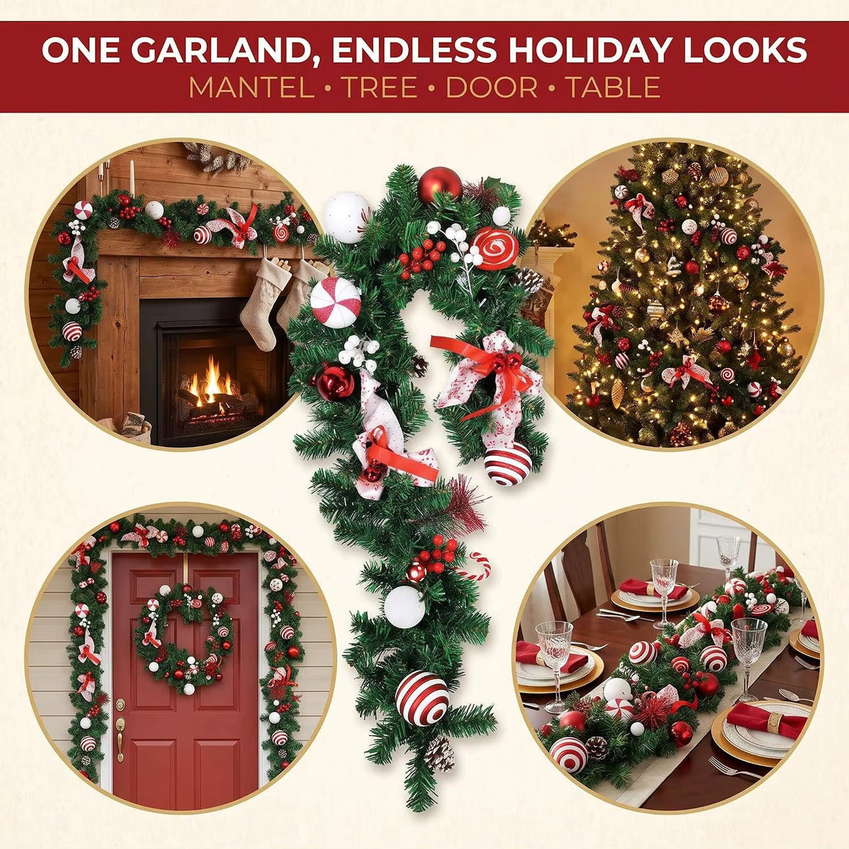 Guirlande de Noël Couvertes de Neige avec Cônes de Pin et Baies Rouges – Décoration de Noël Flexible