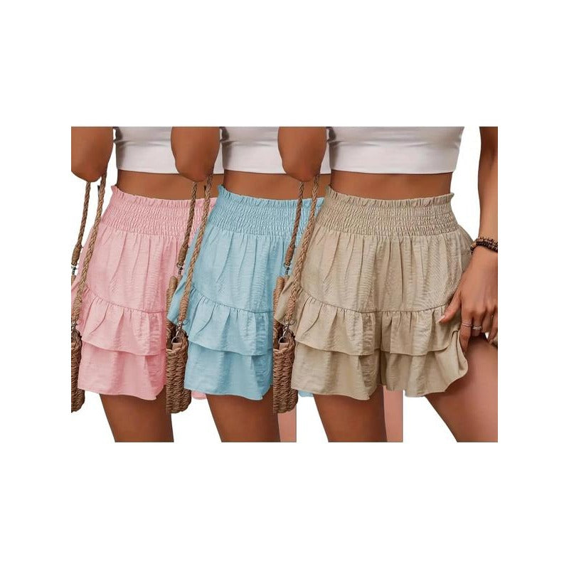 Shorts à volants smockés taille haute – Bas de lounge léger à double couche