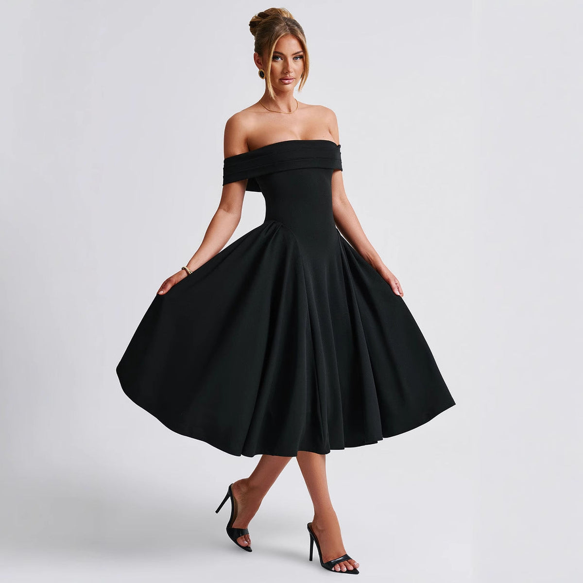 Robe Midi Élegante Femme Off-Shoulder A-Line