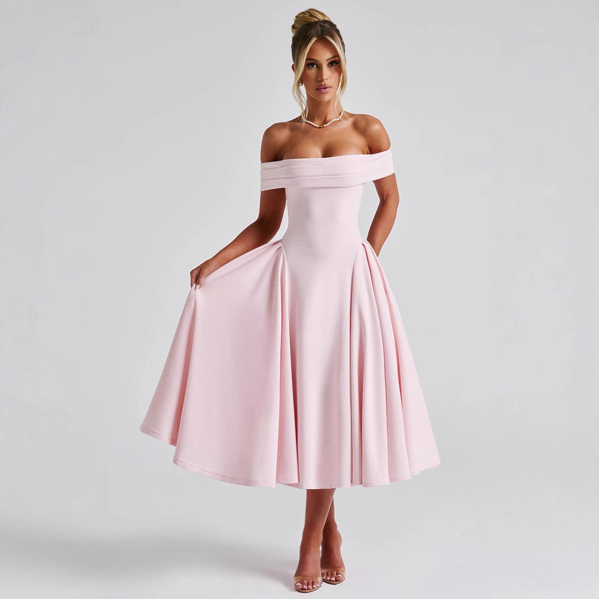 Robe Midi A-Ligne Élégante Femme à Epaule Dégagée