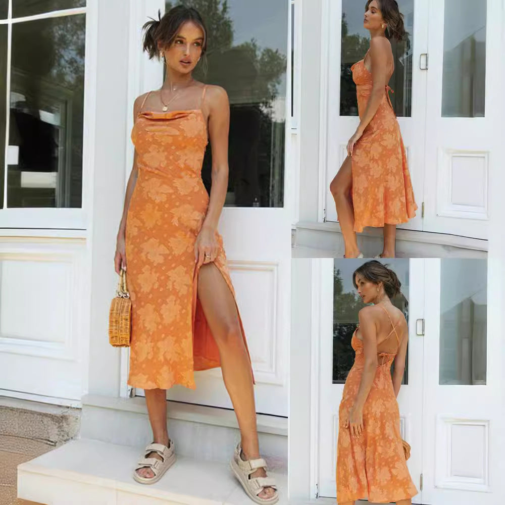 Robe midi à bretelles florale pour femme avec décolleté drapé et fente haute