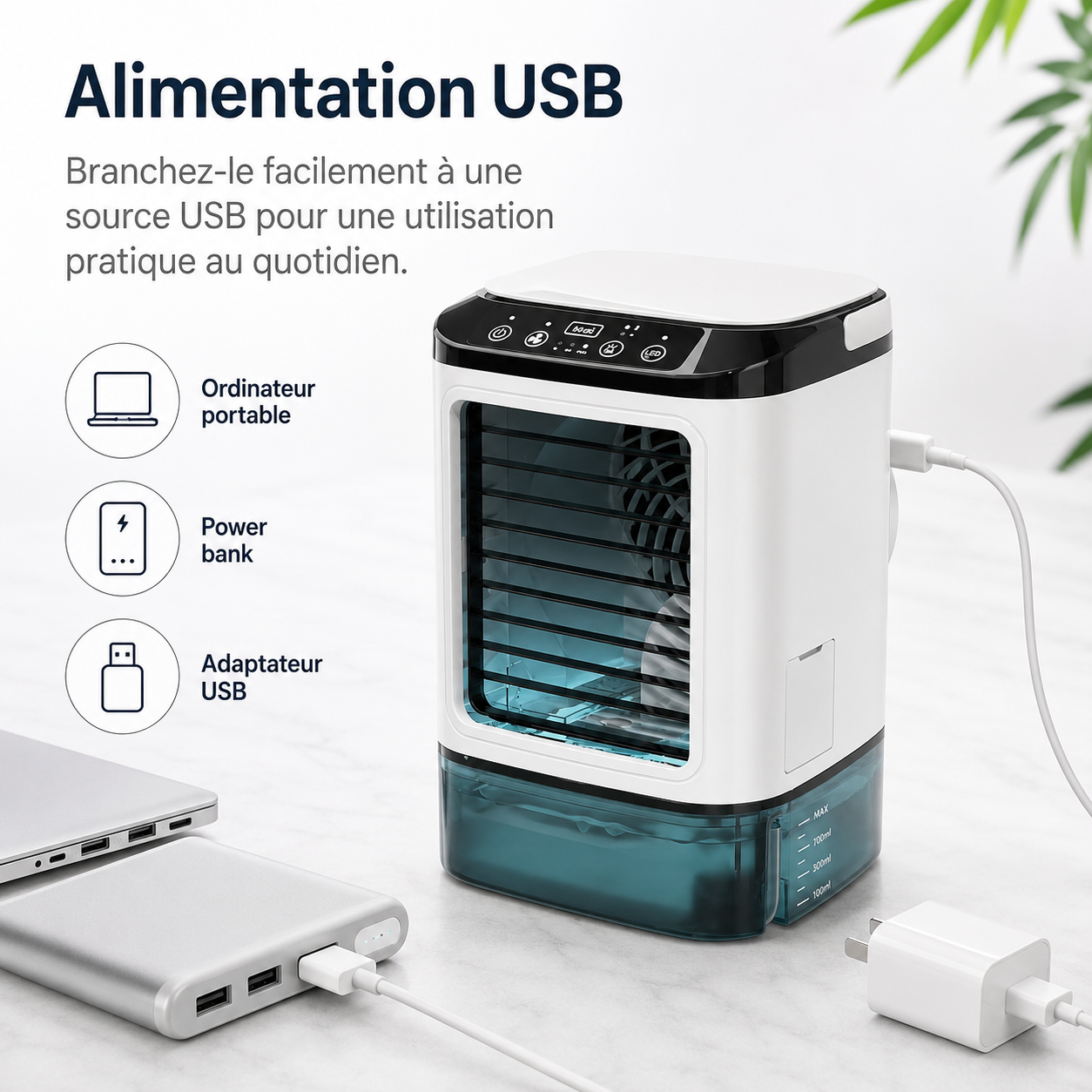 Climatiseur Mini Portable Refroidi par Eau – Alimentation USB avec Grand Réservoir