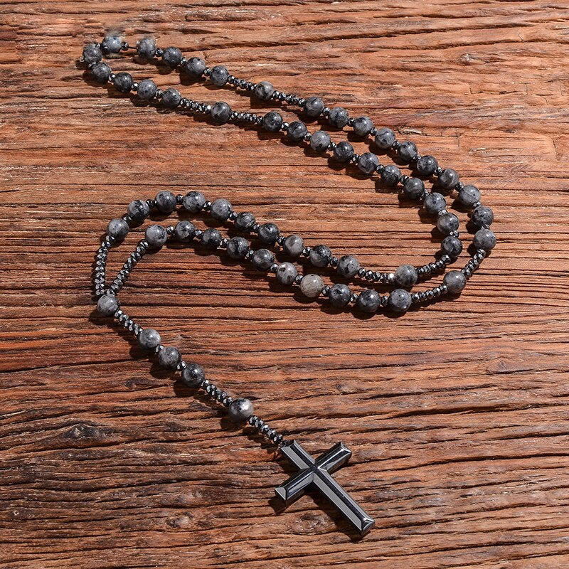 Collier en rosaires croix en œil de tigre et lapis-lazuli pour hommes – Orion