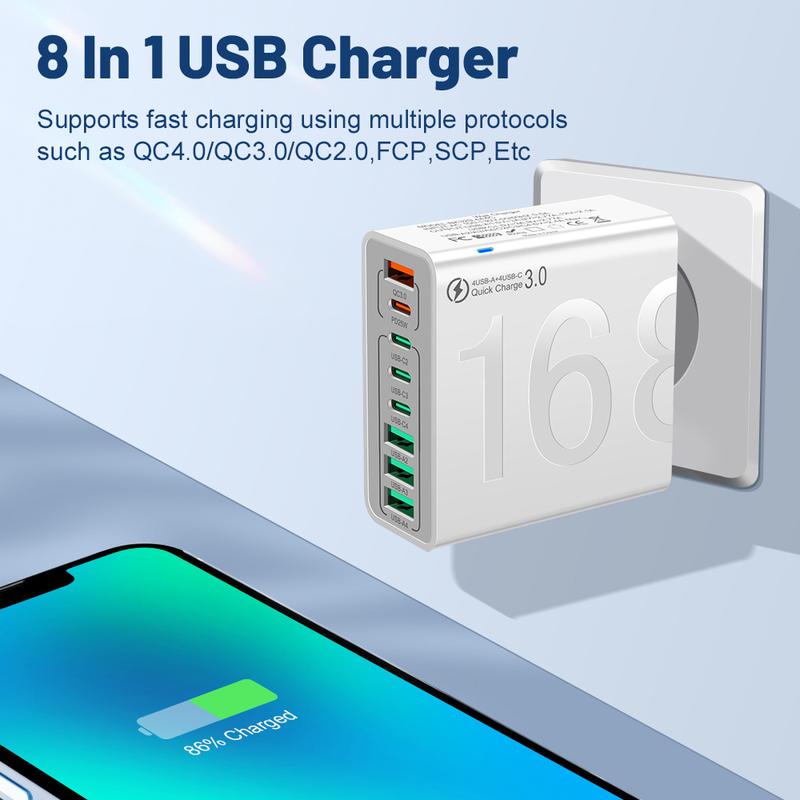 Chargeur rapide USB GaN 168W Hub d'alimentation 8 ports pour USB-C&A