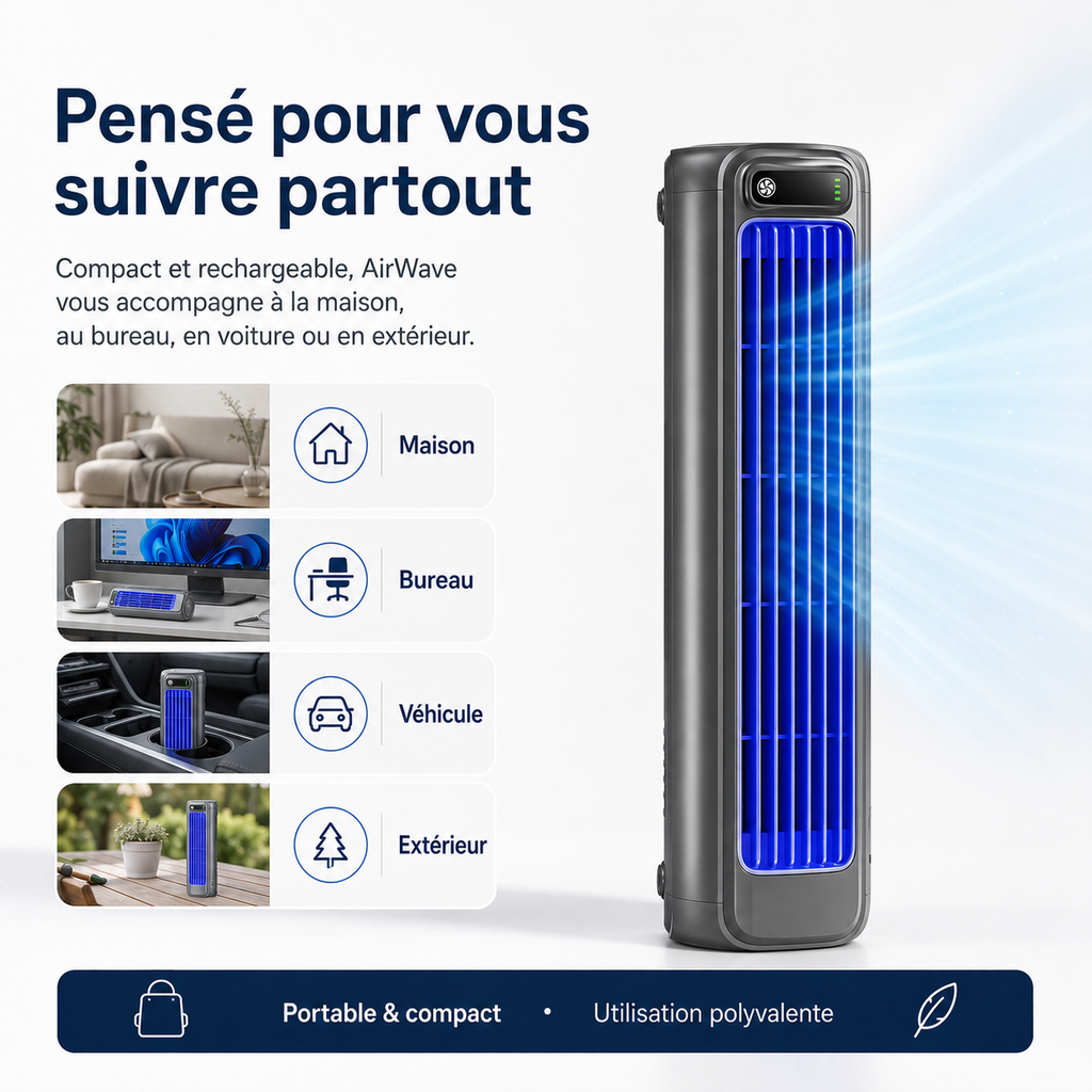 AirWave – Climatiseur Portable Rechargeable avec 12 Heures d'Autonomie