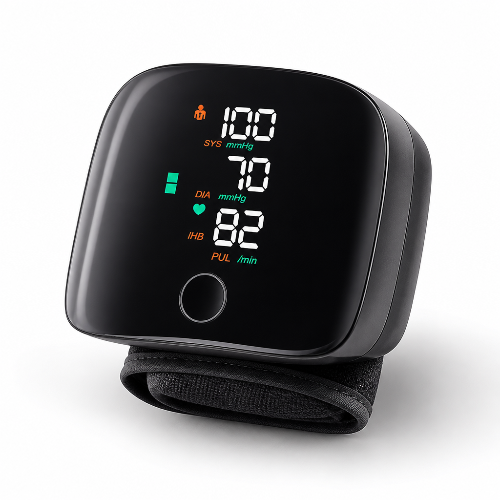 Moniteur de pression artérielle au poignet rechargeable avec LED rétroéclairée et guidage vocal (mémoire pour 2 utilisateurs)