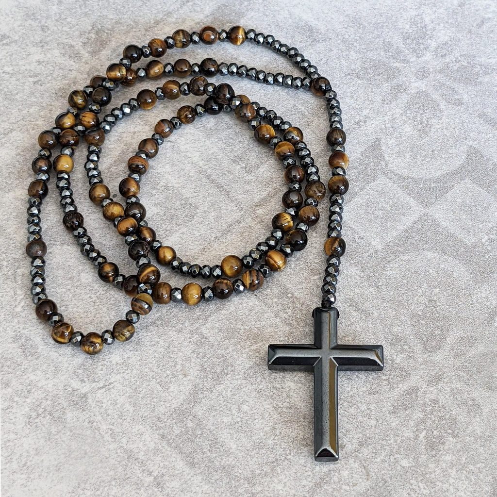 Collier en rosaires croix en œil de tigre et lapis-lazuli pour hommes – Orion