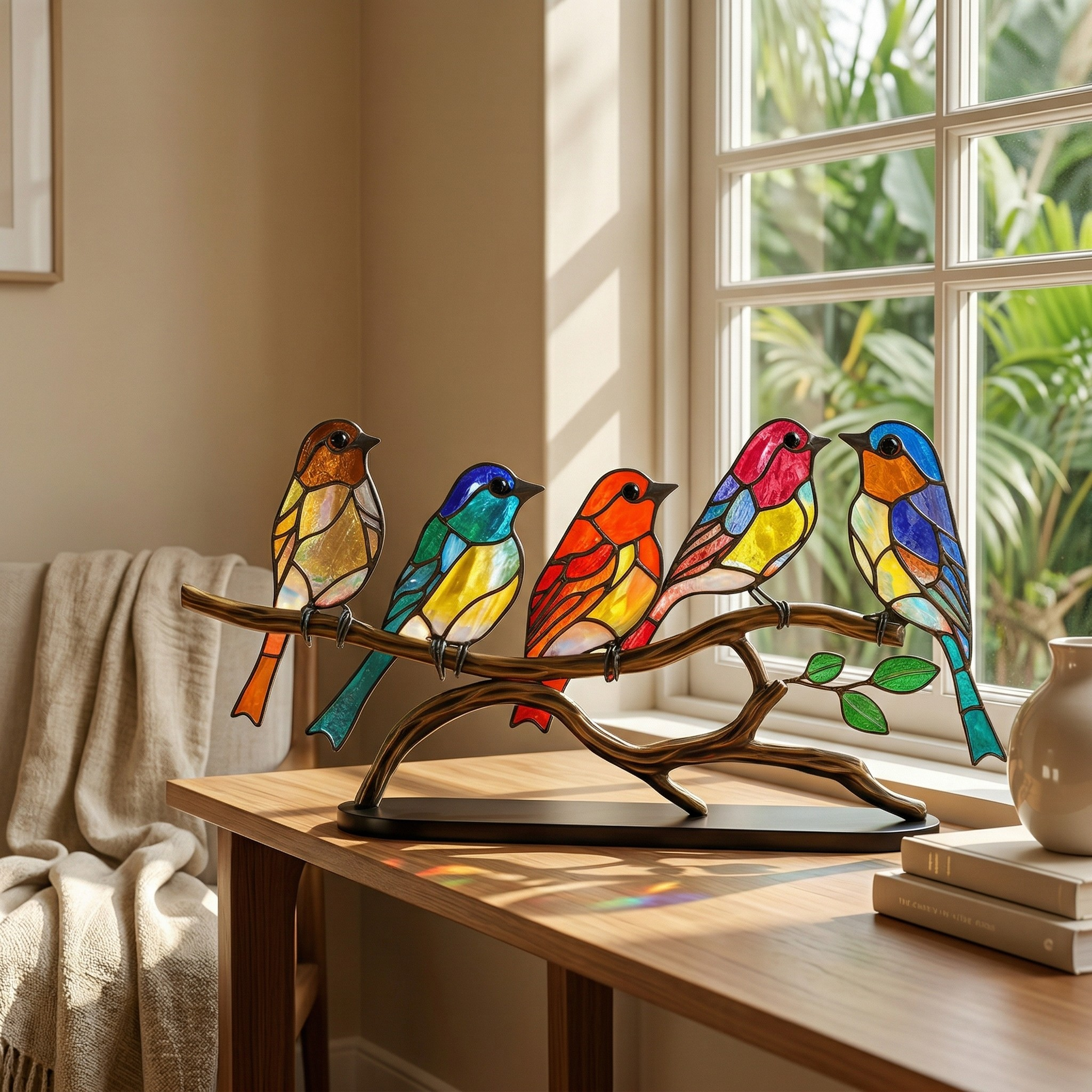 Décoration de Fenêtre avec Oiseaux Colorés Style Artistique pour la Maison