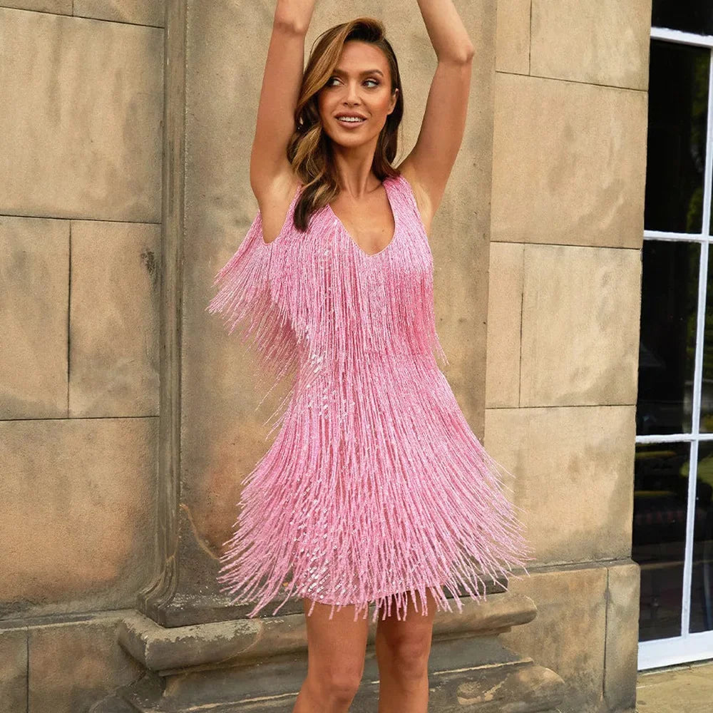 Robe de cocktail à franges et sequins glamour pour femmes