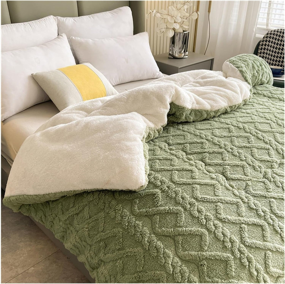 Couverture en Fleece Sherpa avec Motif Géométrique – Plaid Réversible Chaud pour Canapé et Lit