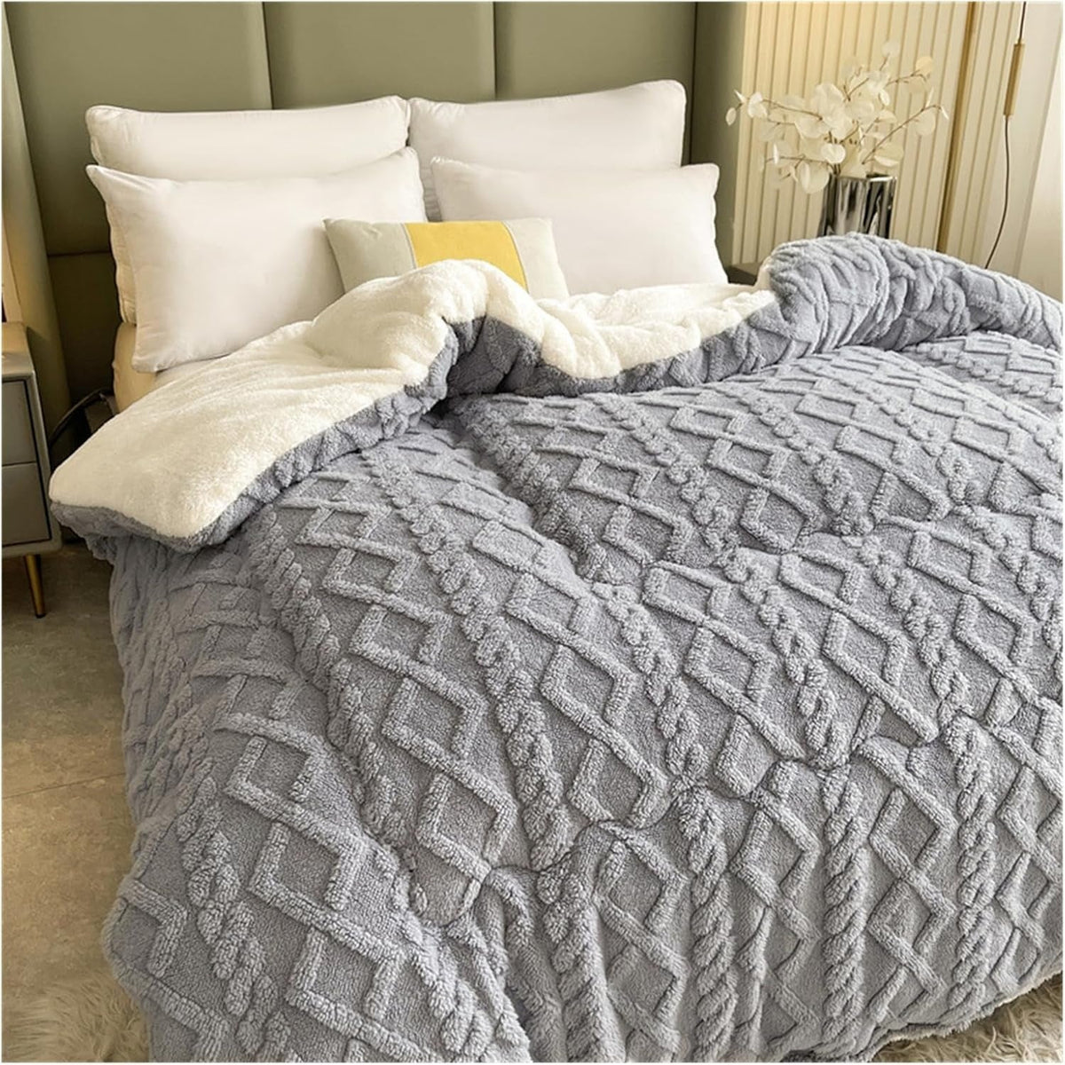 Couverture en Fleece Sherpa avec Motif Géométrique – Plaid Réversible Chaud pour Canapé et Lit