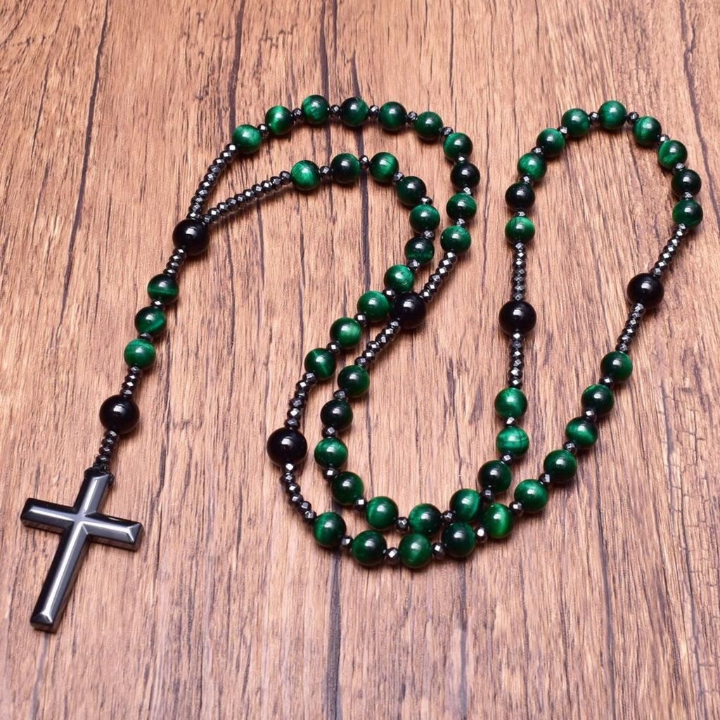Collier en rosaires croix en œil de tigre et lapis-lazuli pour hommes – Orion