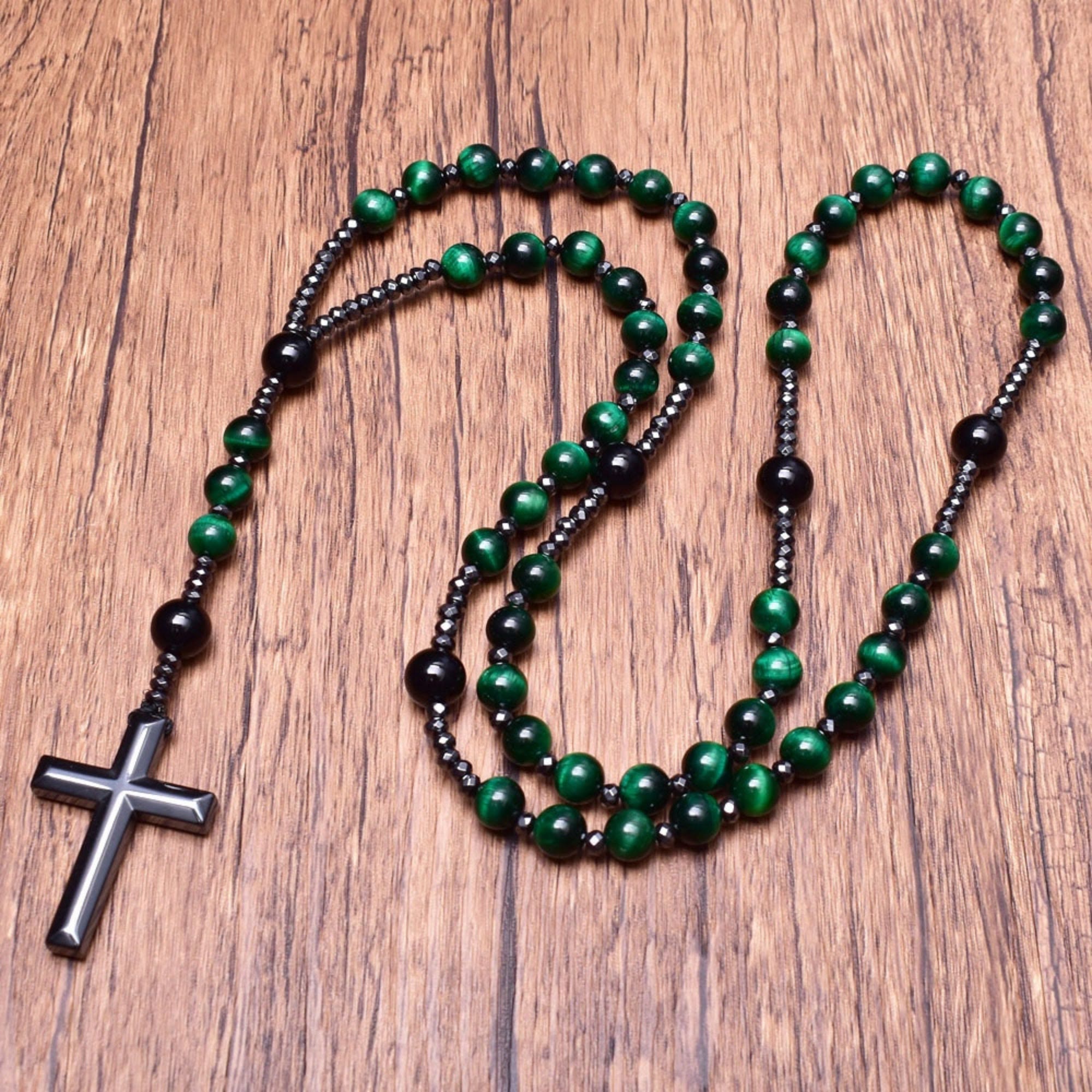 Collier en rosaires croix en œil de tigre et lapis-lazuli pour hommes – Orion