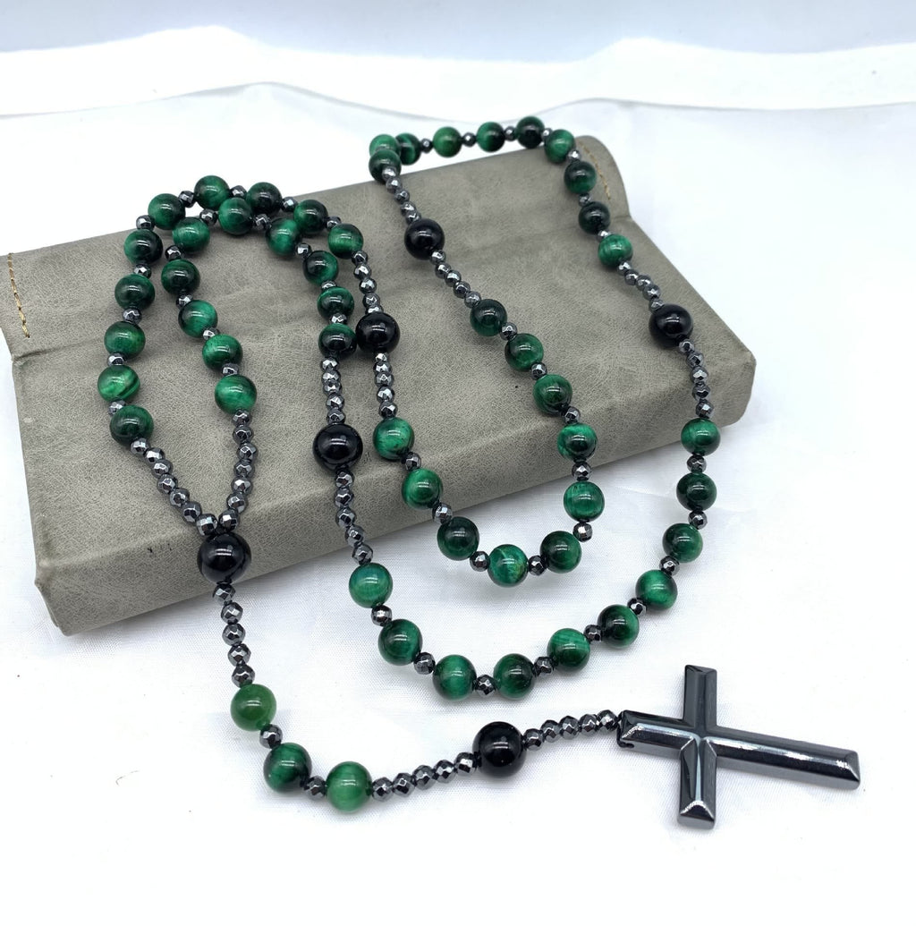 Collier en rosaires croix en œil de tigre et lapis-lazuli pour hommes – Orion
