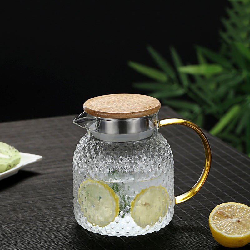 Pichet en verre texturé résistant à la chaleur avec couvercle en bambou – Élégant pichet de service pour boissons chaudes et froides