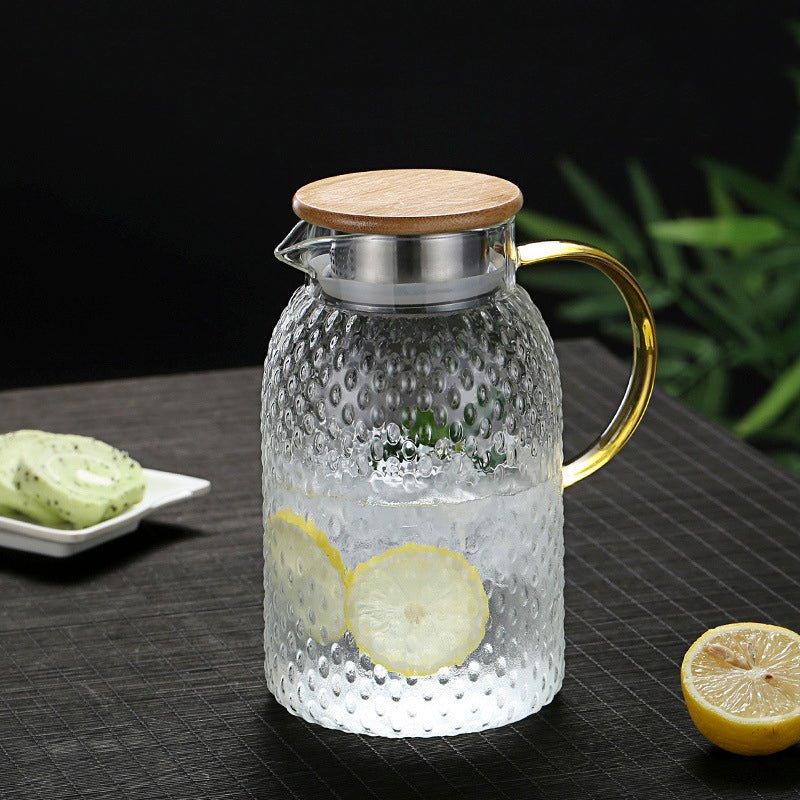 Pichet en verre texturé résistant à la chaleur avec couvercle en bambou – Élégant pichet de service pour boissons chaudes et froides