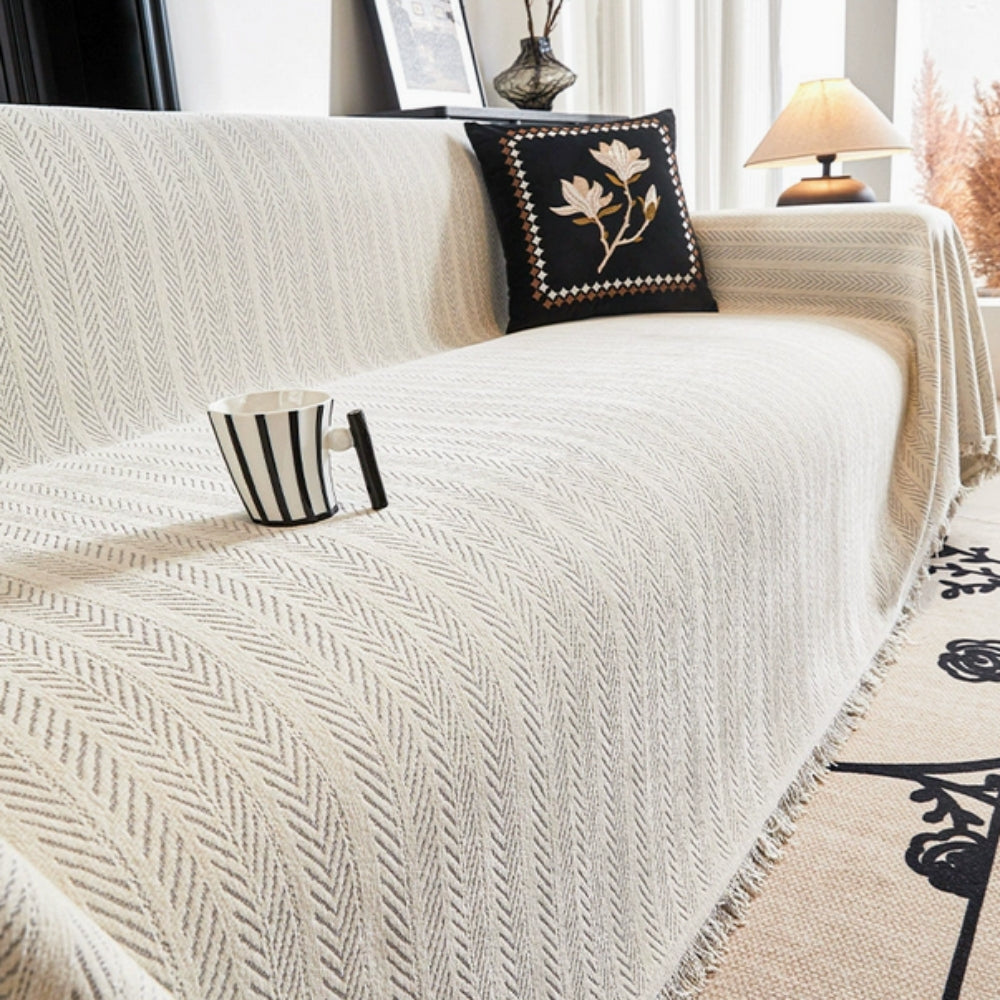 Housse de canapé en chenille chevron avec franges