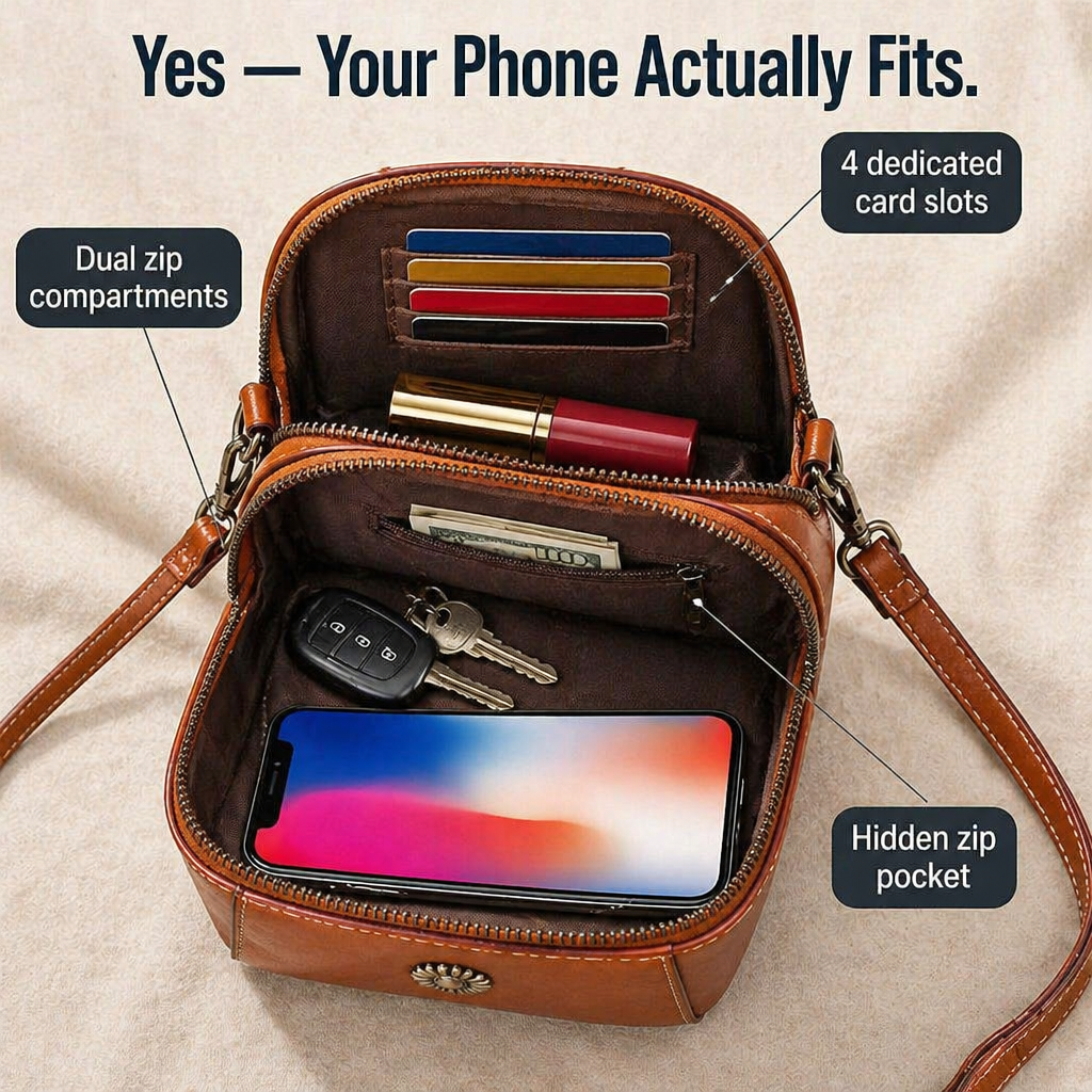 VividAura™ — Emportez votre téléphone, vos cartes et votre rouge à lèvres dans un sac en cuir souple