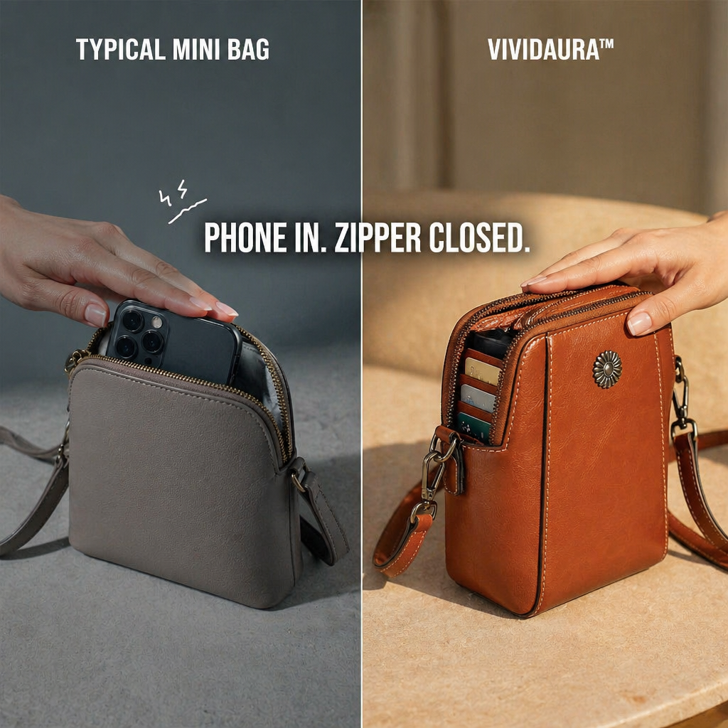 VividAura™ — Emportez votre téléphone, vos cartes et votre rouge à lèvres dans un sac en cuir souple