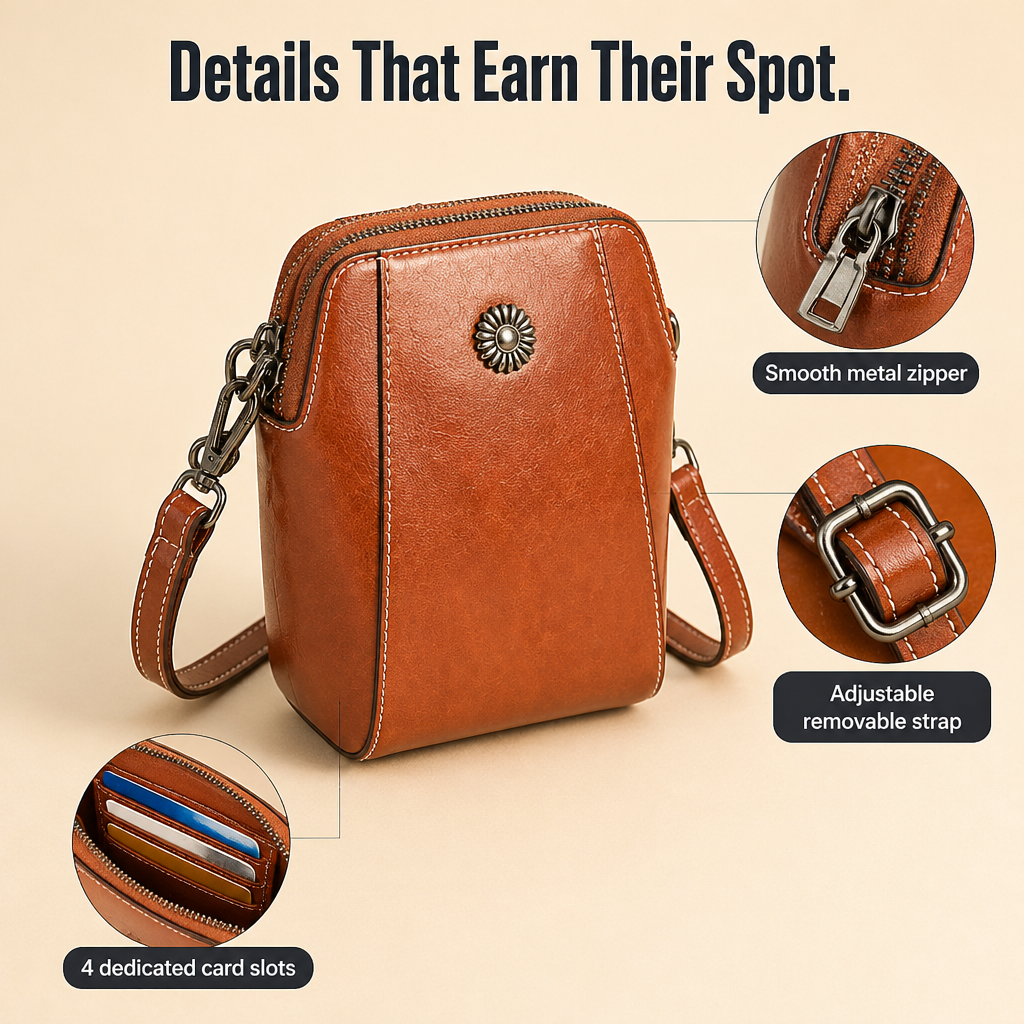 VividAura™ — Emportez votre téléphone, vos cartes et votre rouge à lèvres dans un sac en cuir souple