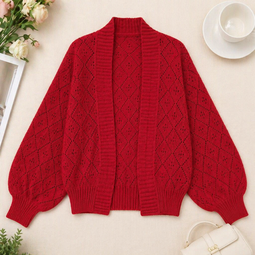 AerieLuxe™ – Cardigan en tricot ajouré à manches lanternes, ouvert devant