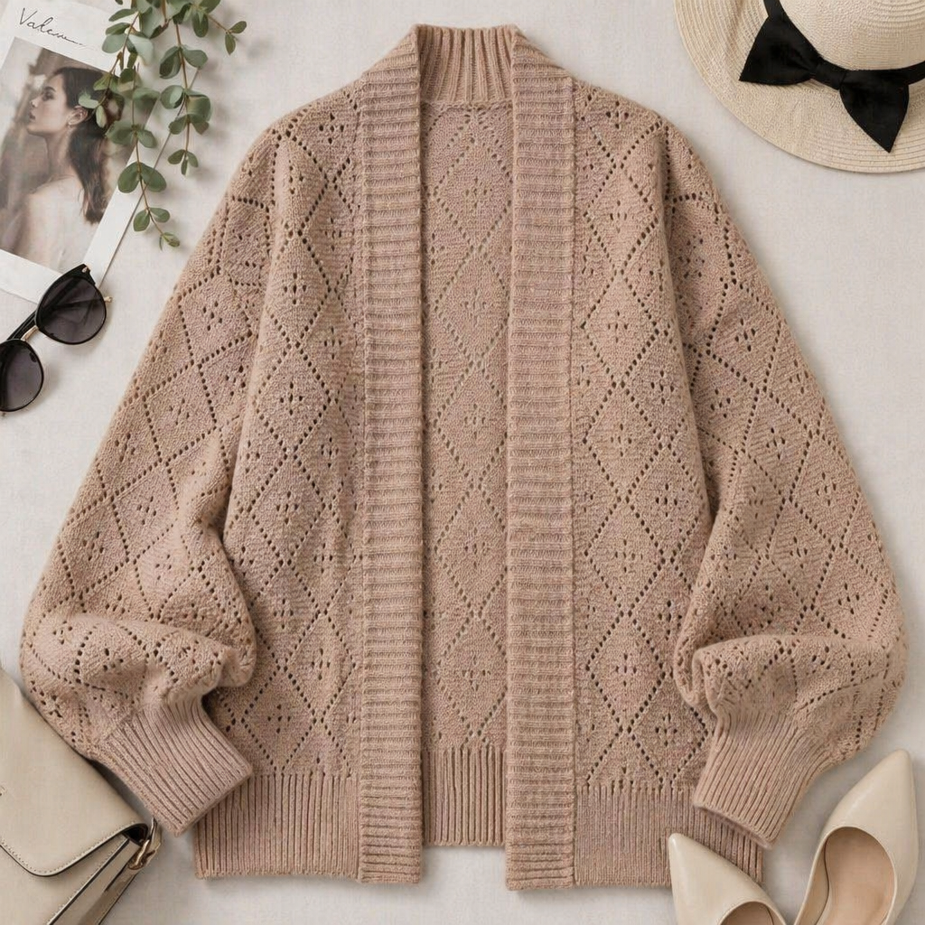 AerieLuxe™ – Cardigan en tricot ajouré à manches lanternes, ouvert devant