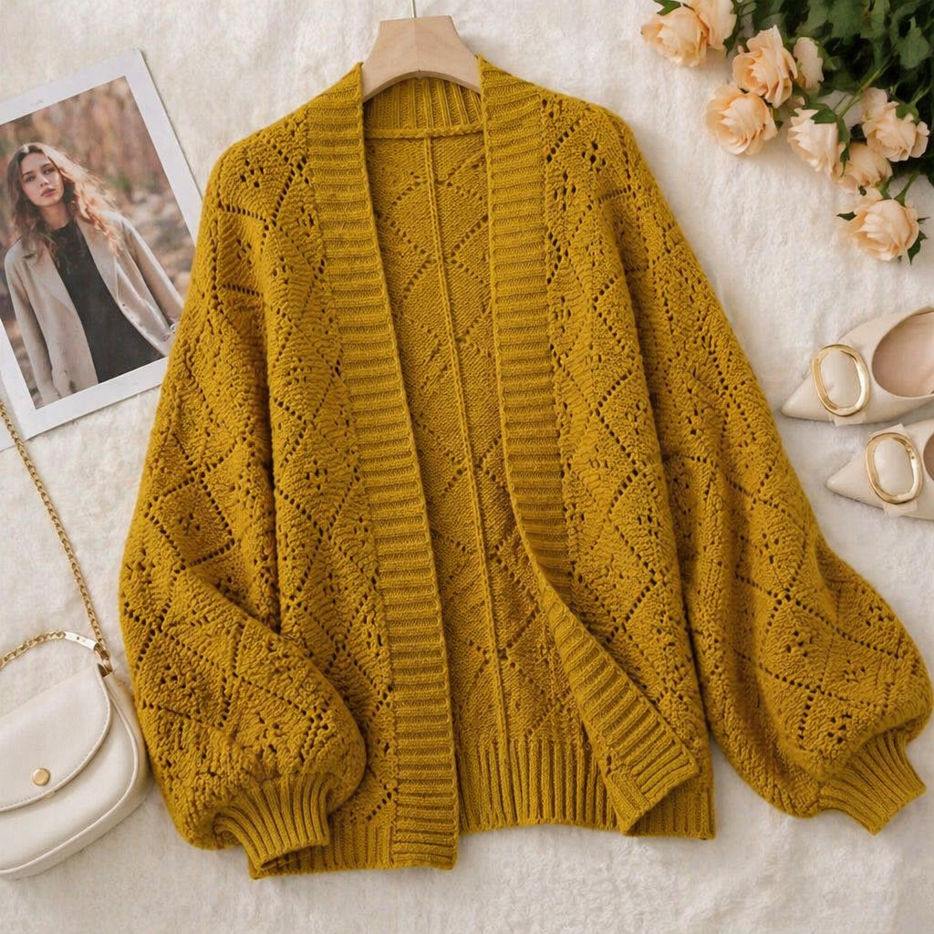 AerieLuxe™ – Cardigan en tricot ajouré à manches lanternes, ouvert devant