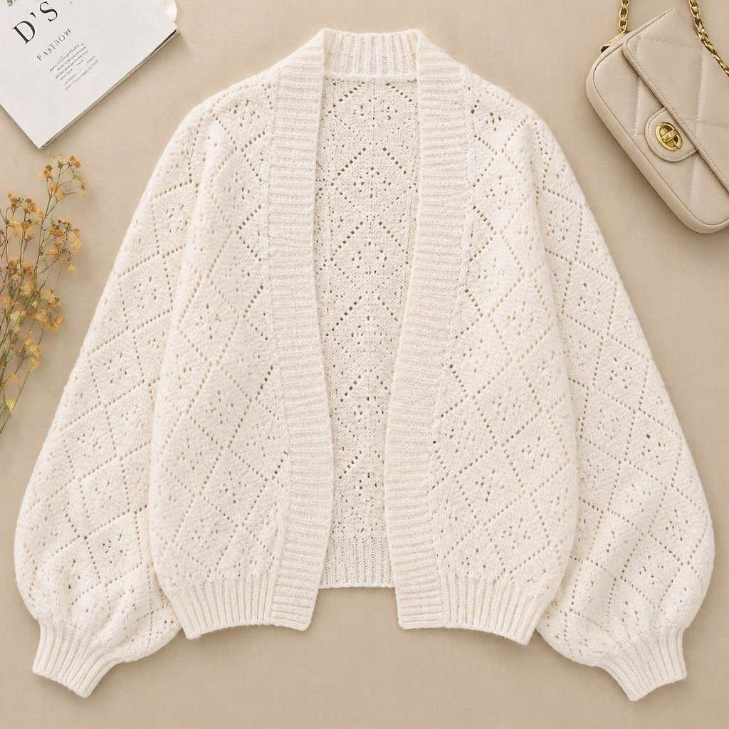 AerieLuxe™ – Cardigan en tricot ajouré à manches lanternes, ouvert devant