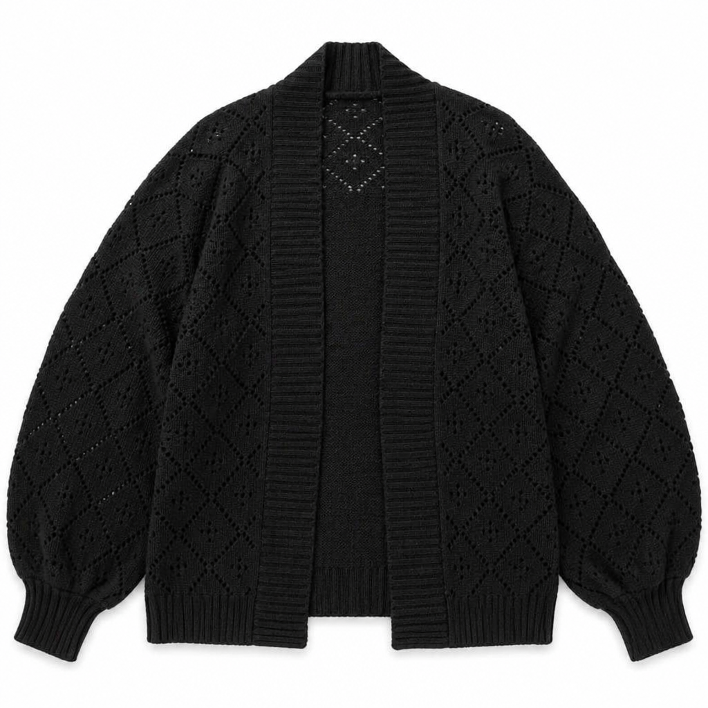 AerieLuxe™ – Cardigan en tricot ajouré à manches lanternes, ouvert devant