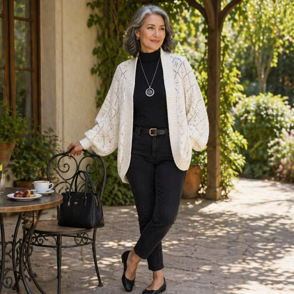 AerieLuxe™ – Cardigan en tricot ajouré à manches lanternes, ouvert devant