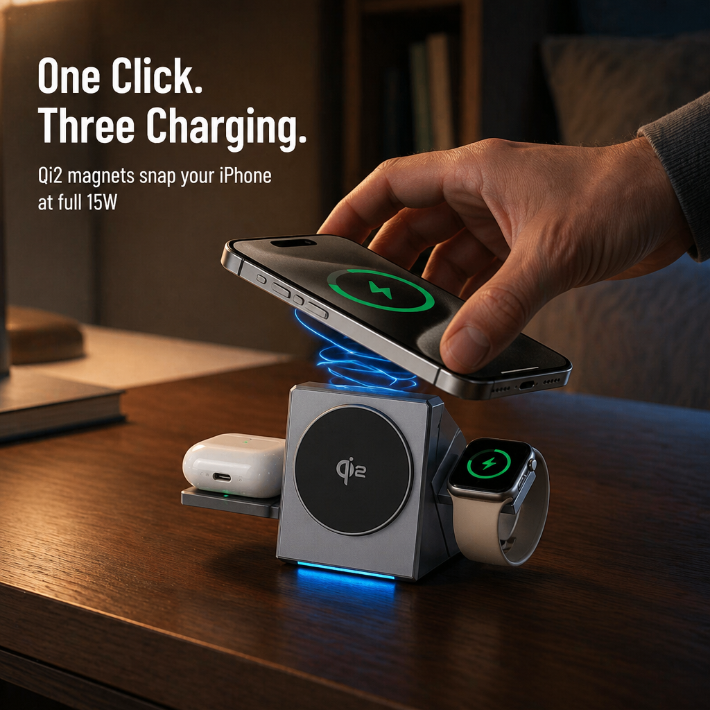 ChargeFlow™ — Fixez votre iPhone, votre montre et vos écouteurs sur un support pliable Qi2
