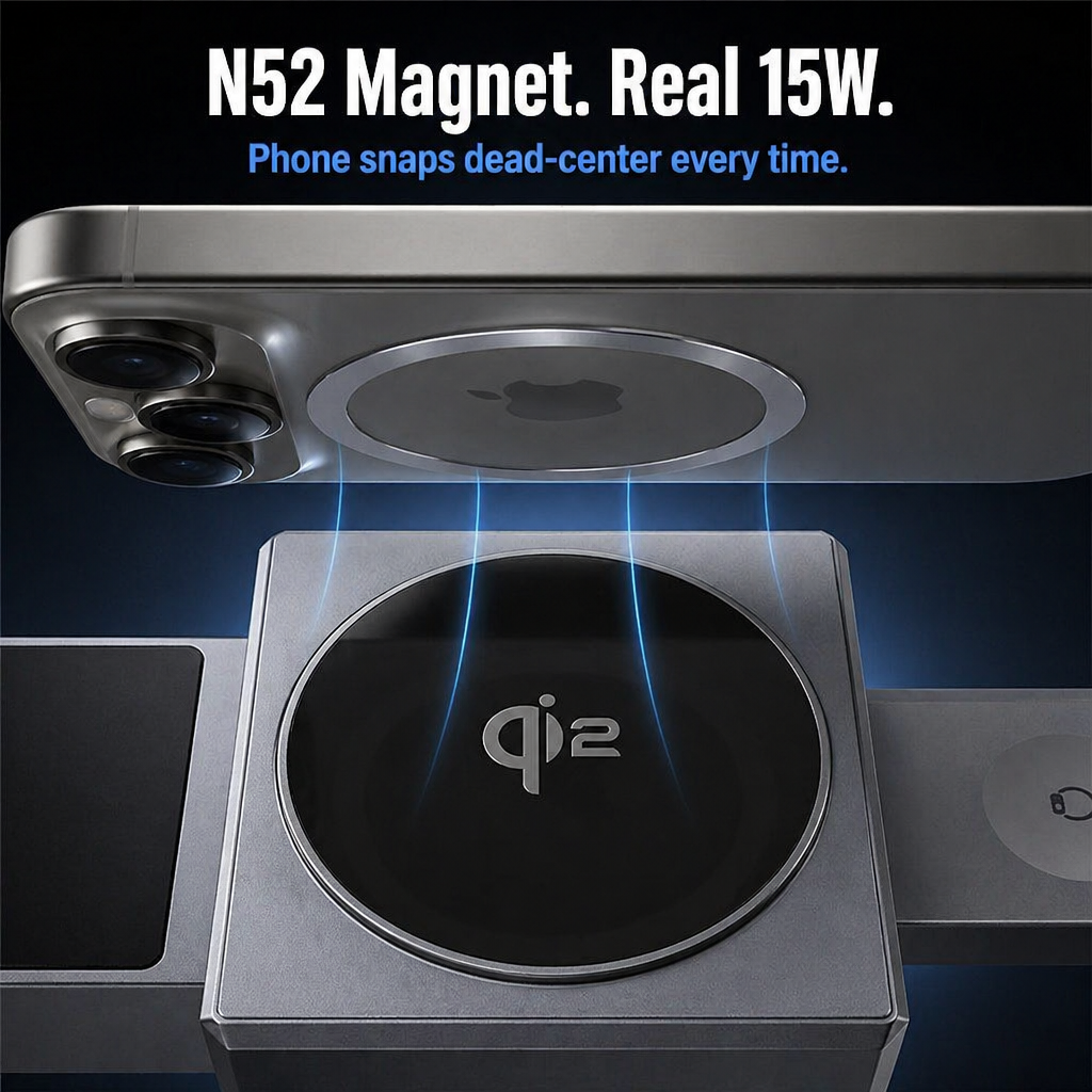 ChargeFlow™ — Fixez votre iPhone, votre montre et vos écouteurs sur un support pliable Qi2
