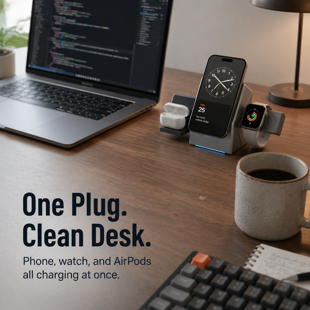 ChargeFlow™ — Fixez votre iPhone, votre montre et vos écouteurs sur un support pliable Qi2