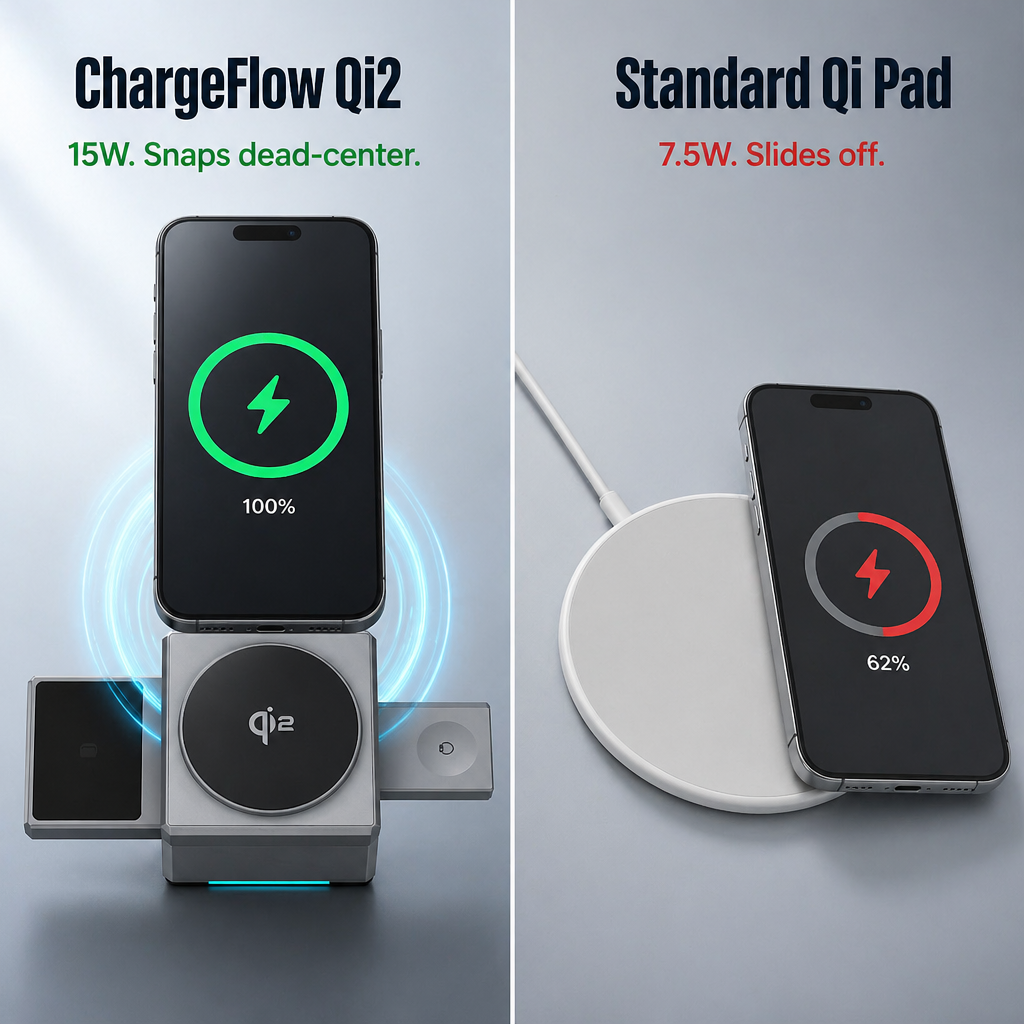 ChargeFlow™ — Fixez votre iPhone, votre montre et vos écouteurs sur un support pliable Qi2