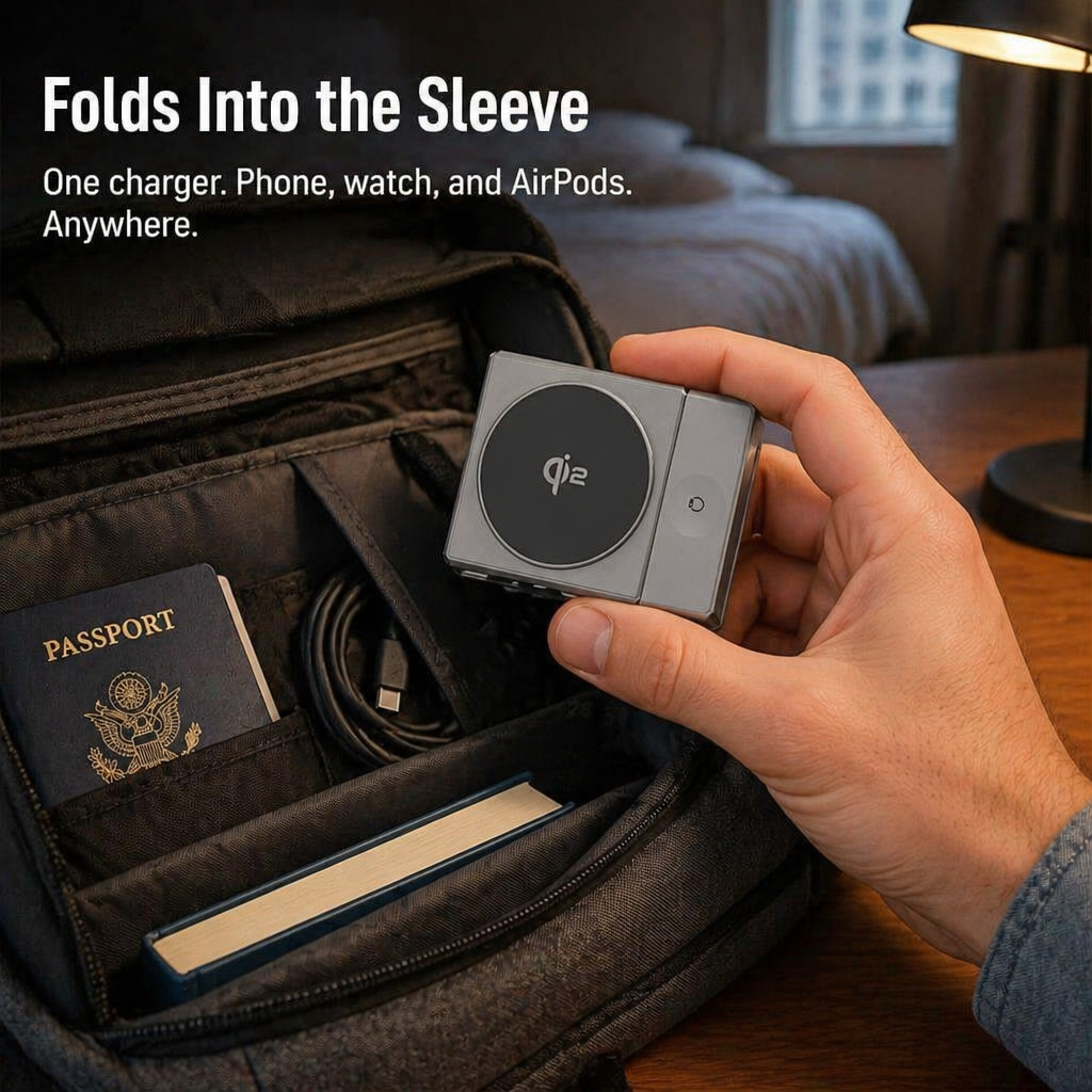 ChargeFlow™ — Fixez votre iPhone, votre montre et vos écouteurs sur un support pliable Qi2