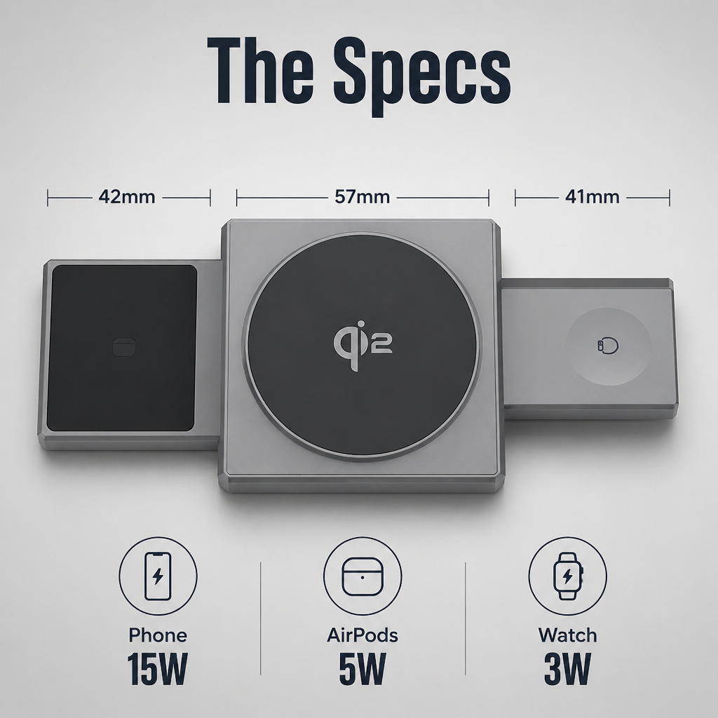 ChargeFlow™ — Fixez votre iPhone, votre montre et vos écouteurs sur un support pliable Qi2