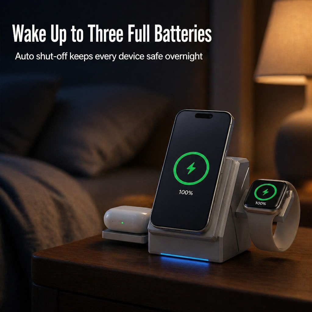 ChargeFlow™ — Fixez votre iPhone, votre montre et vos écouteurs sur un support pliable Qi2